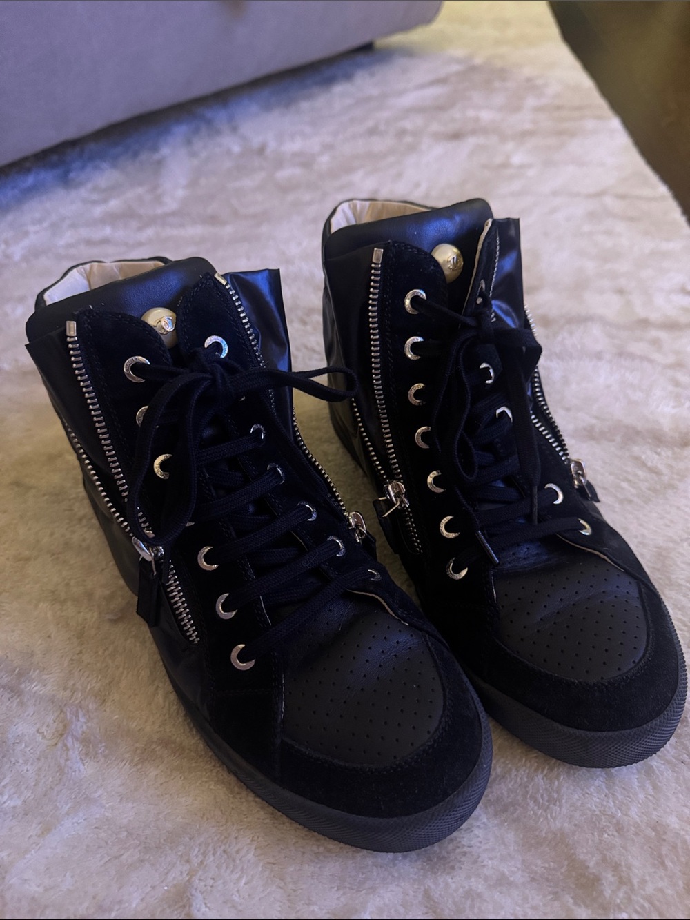 Chanel Black High-Top Lace-Up  Sneakers w Zipper and Pearl Detail - light wear
